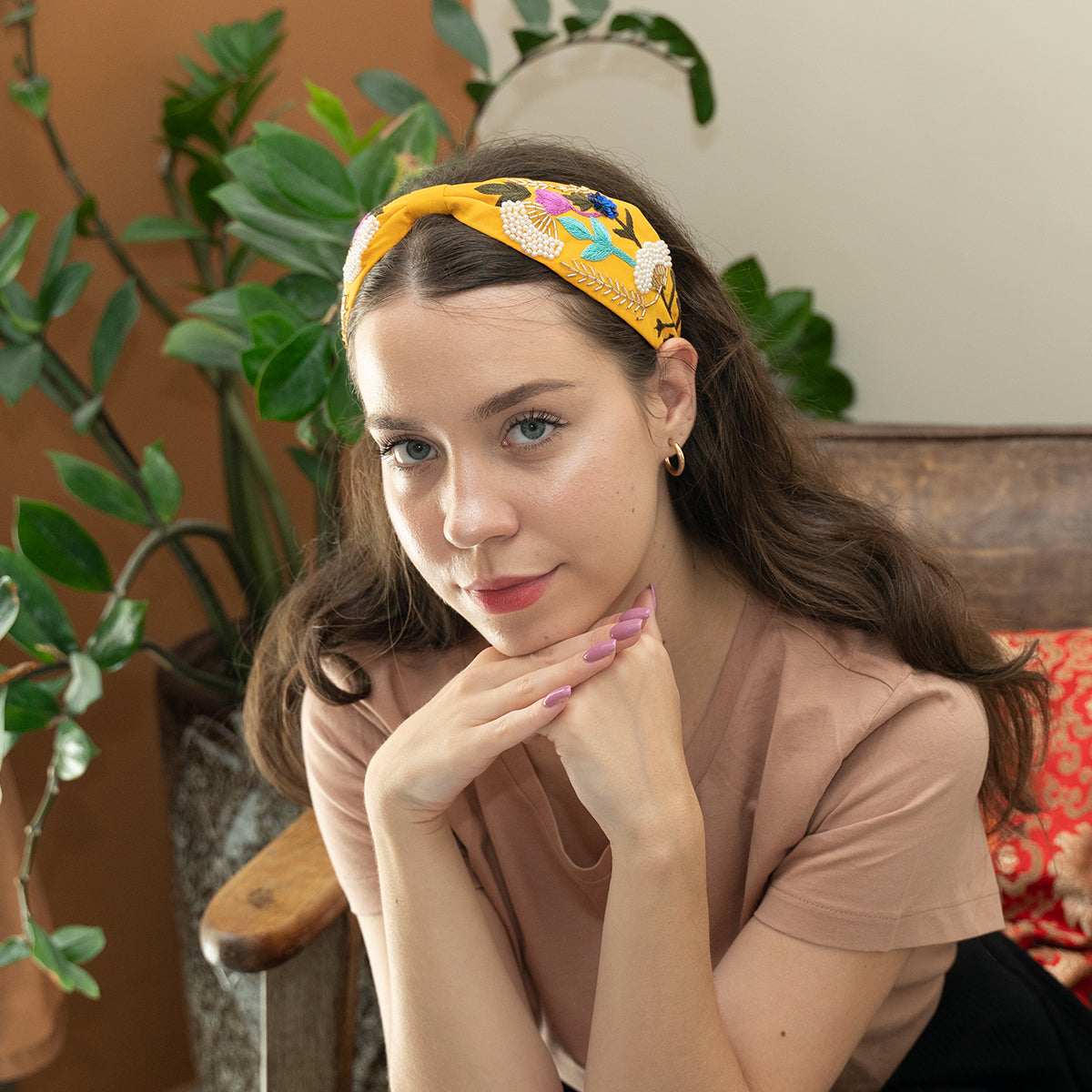 Handcrafted Yellow Floral Embellished Headband with Pearl & Gold Bead Embroidery | The Marigold Story