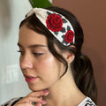 Handcrafted Ivory Red Rose Beaded Embroidered Headband | The Marigold Story