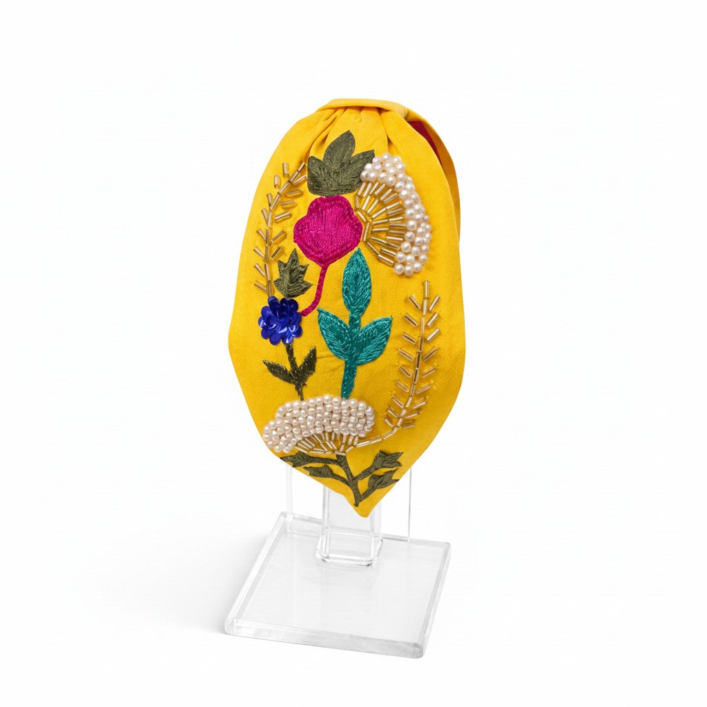 Handcrafted Yellow Floral Embellished Headband with Pearl & Gold Bead Embroidery – View 3 | The Marigold Story