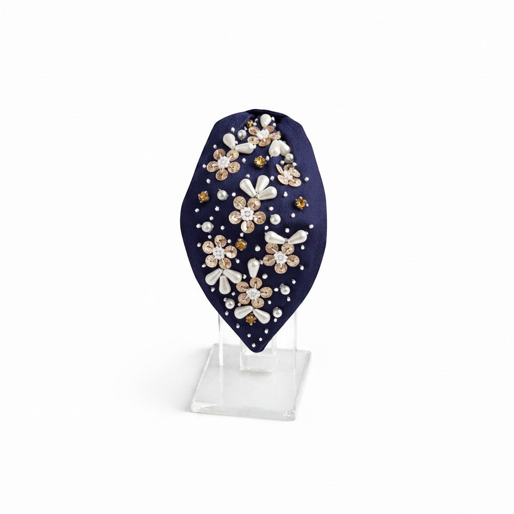 Handcrafted Navy Blue Pearl & Gold Embellished Headband | The Marigold Story