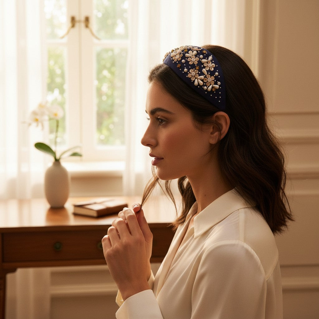 Handcrafted Navy Blue Floral Beaded Embroidered Headband