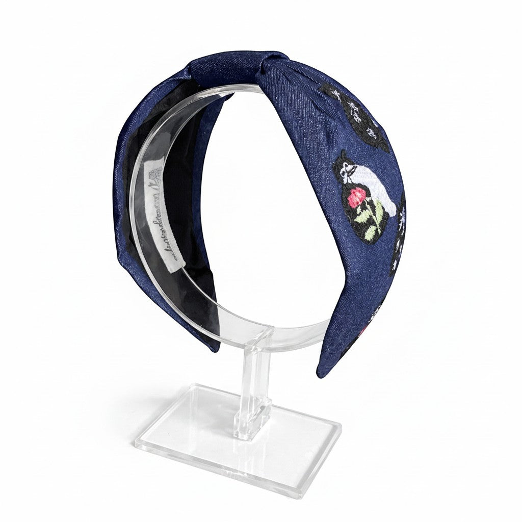 Handcrafted Navy Blue Cat Embroidered Headband – View 2 | The Marigold Story