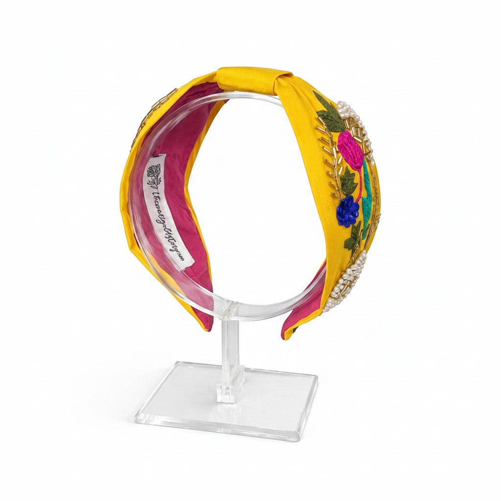 Handcrafted Yellow Floral Embellished Headband with Pearl & Gold Bead Embroidery – View 4 | The Marigold Story