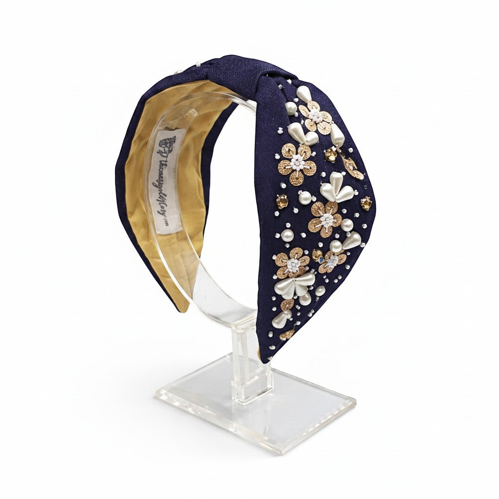 Handcrafted Navy Blue Pearl & Gold Embellished Headband – View 2 | The Marigold Story