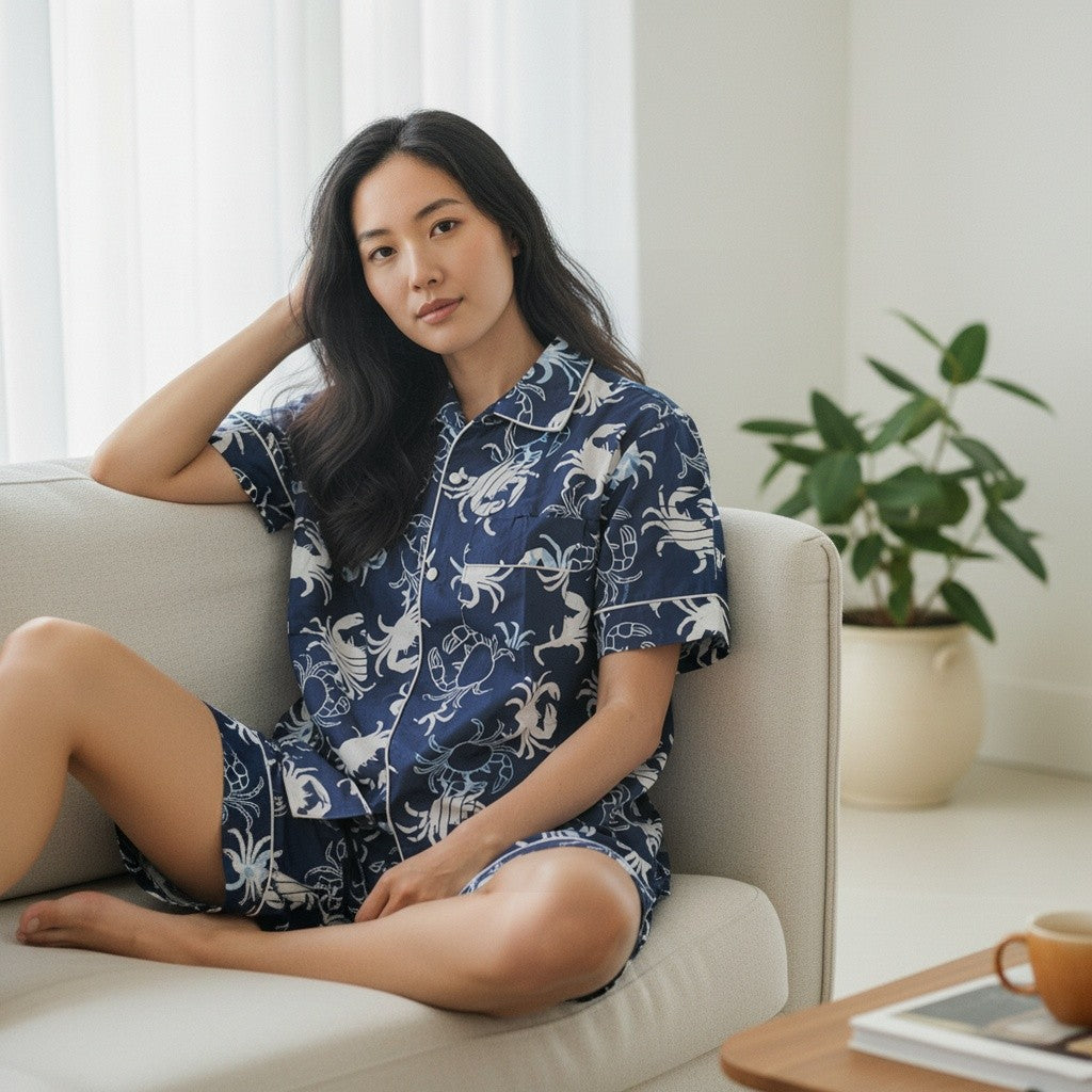 Navy Crab Print Cotton Pyjama Set | Hand Block Print | The Marigold Story