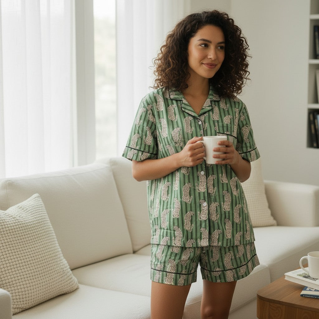 Green Leopard Stripe Cotton Pyjama Set | Hand Block Print | The Marigold Story