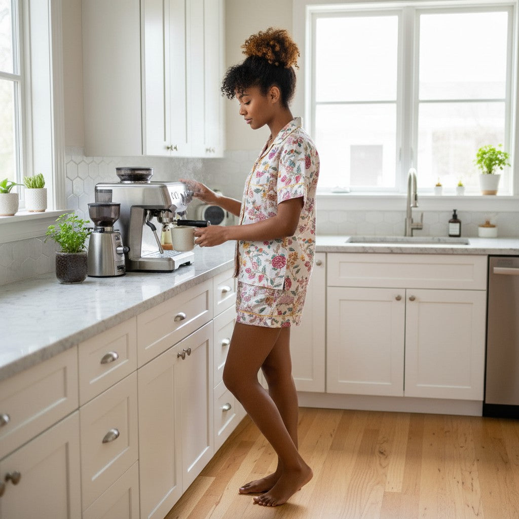 Ivory Botanical Floral Cotton Pyjama Set | Hand Block Print | The Marigold Story