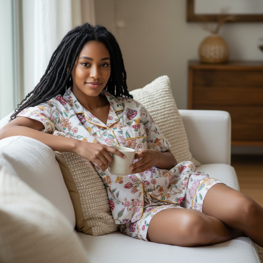 Ivory Botanical Floral Cotton Pyjama Set | Hand Block Print | The Marigold Story
