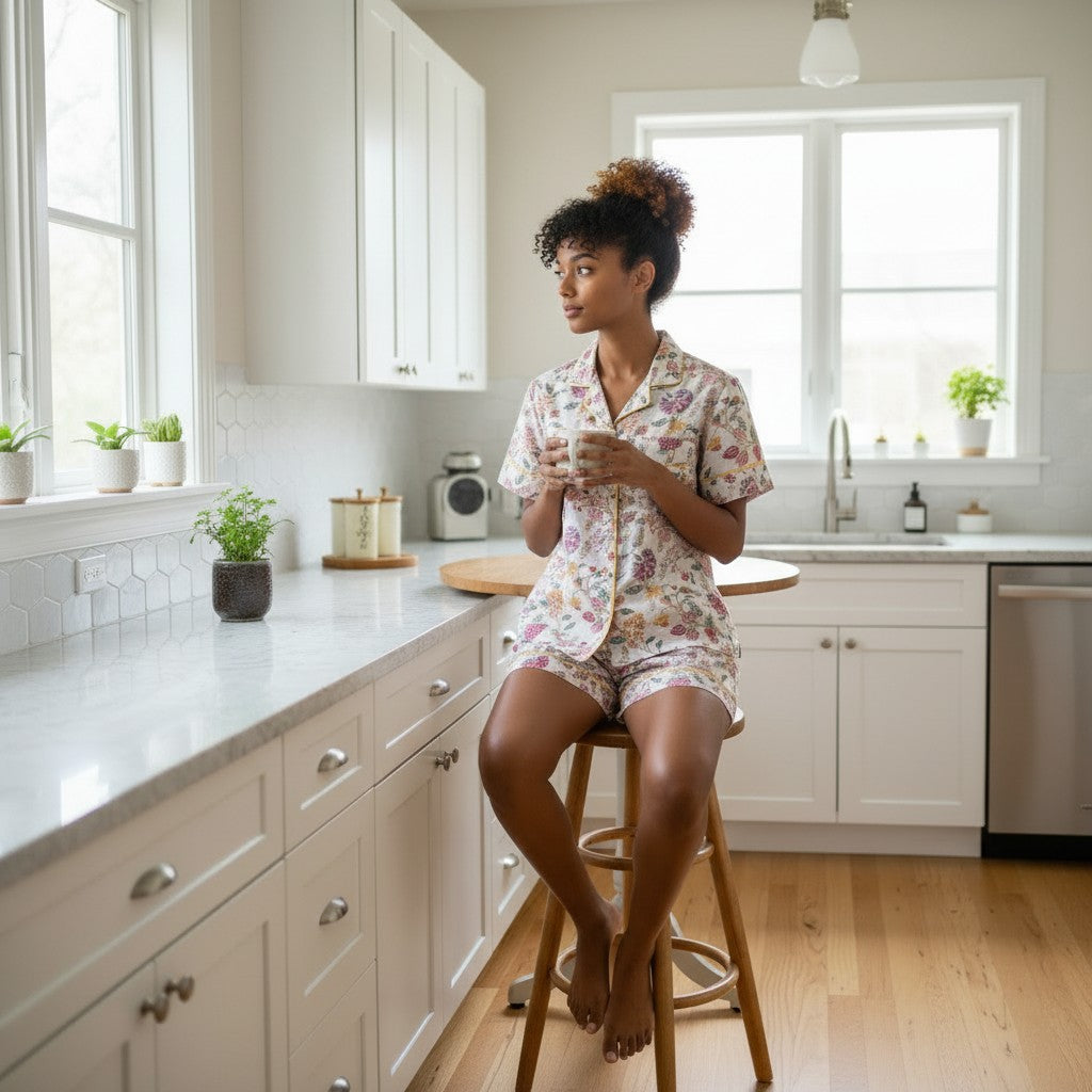 Ivory Botanical Floral Cotton Pyjama Set | Hand Block Print | The Marigold Story