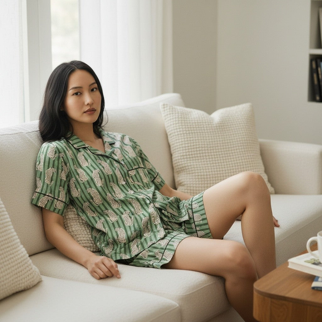 Green Leopard Stripe Cotton Pyjama Set | Hand Block Print | The Marigold Story