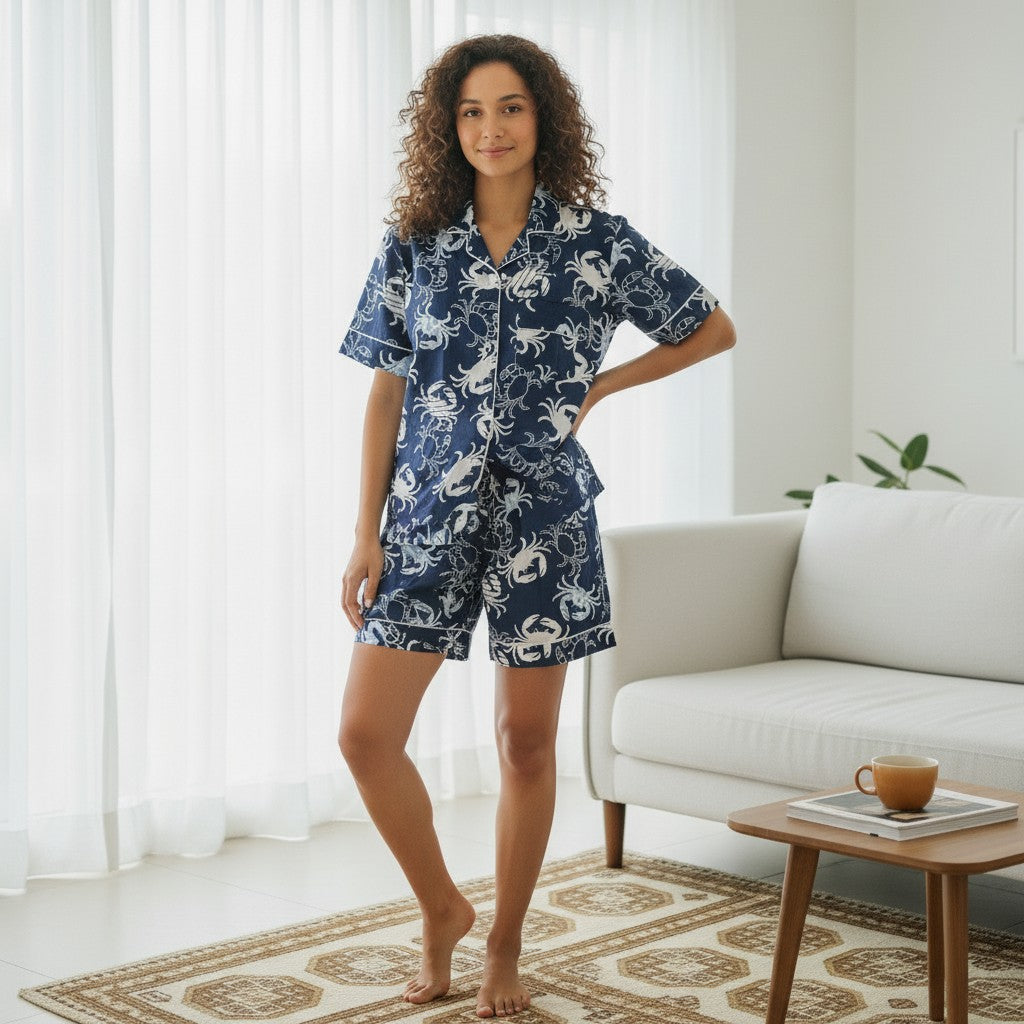 Navy Crab Print Cotton Pyjama Set | Hand Block Print | The Marigold Story