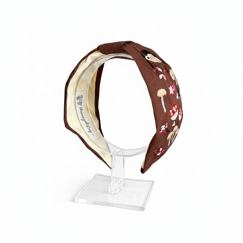 Handcrafted Brown Mushroom Embroidered Headband | Woodland Statement Hair Accessory – View 2 | The Marigold Story