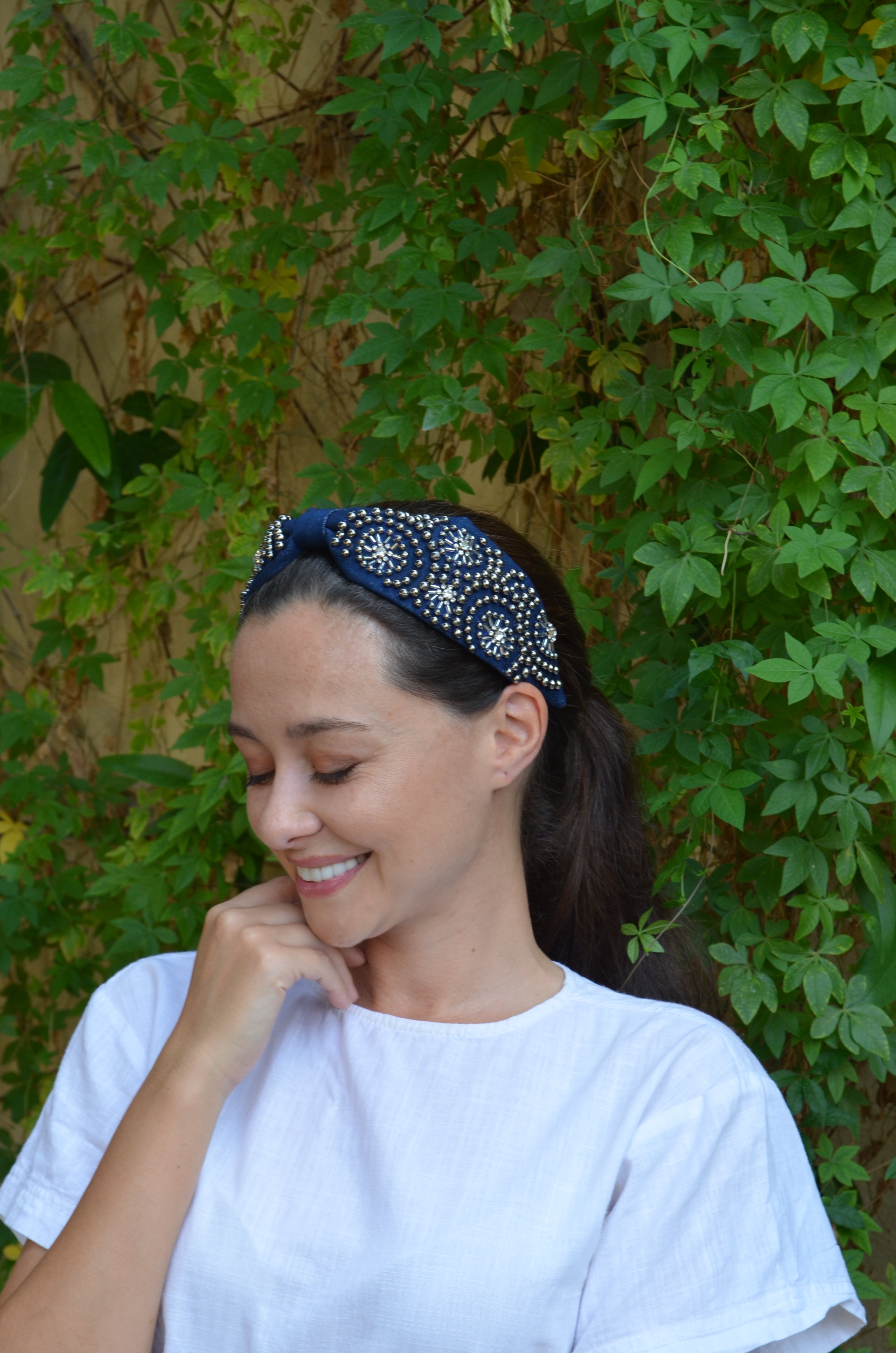 Handcrafted Navy Blue Metallic Beaded Embroidered Headband – View 3 | The Marigold Story