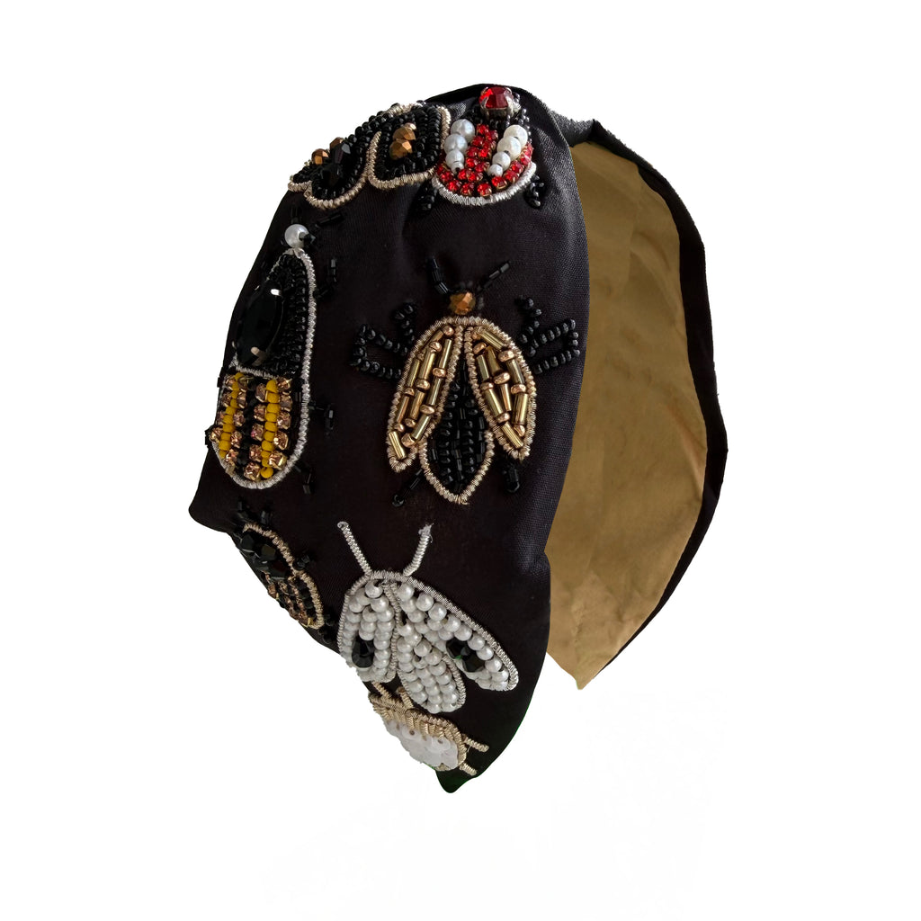 Handcrafted Black Beaded Insect Embroidered Headband