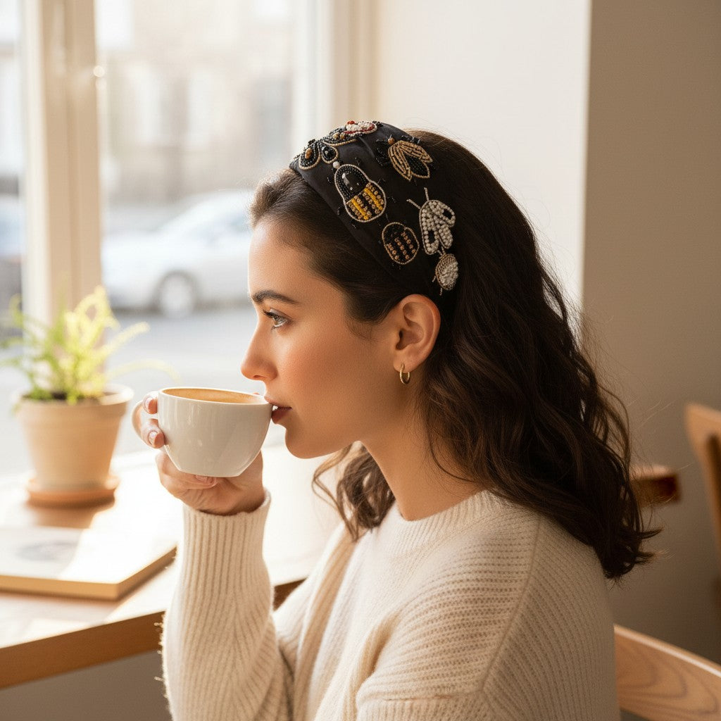 Handcrafted Black Beaded Insect Embroidered Headband