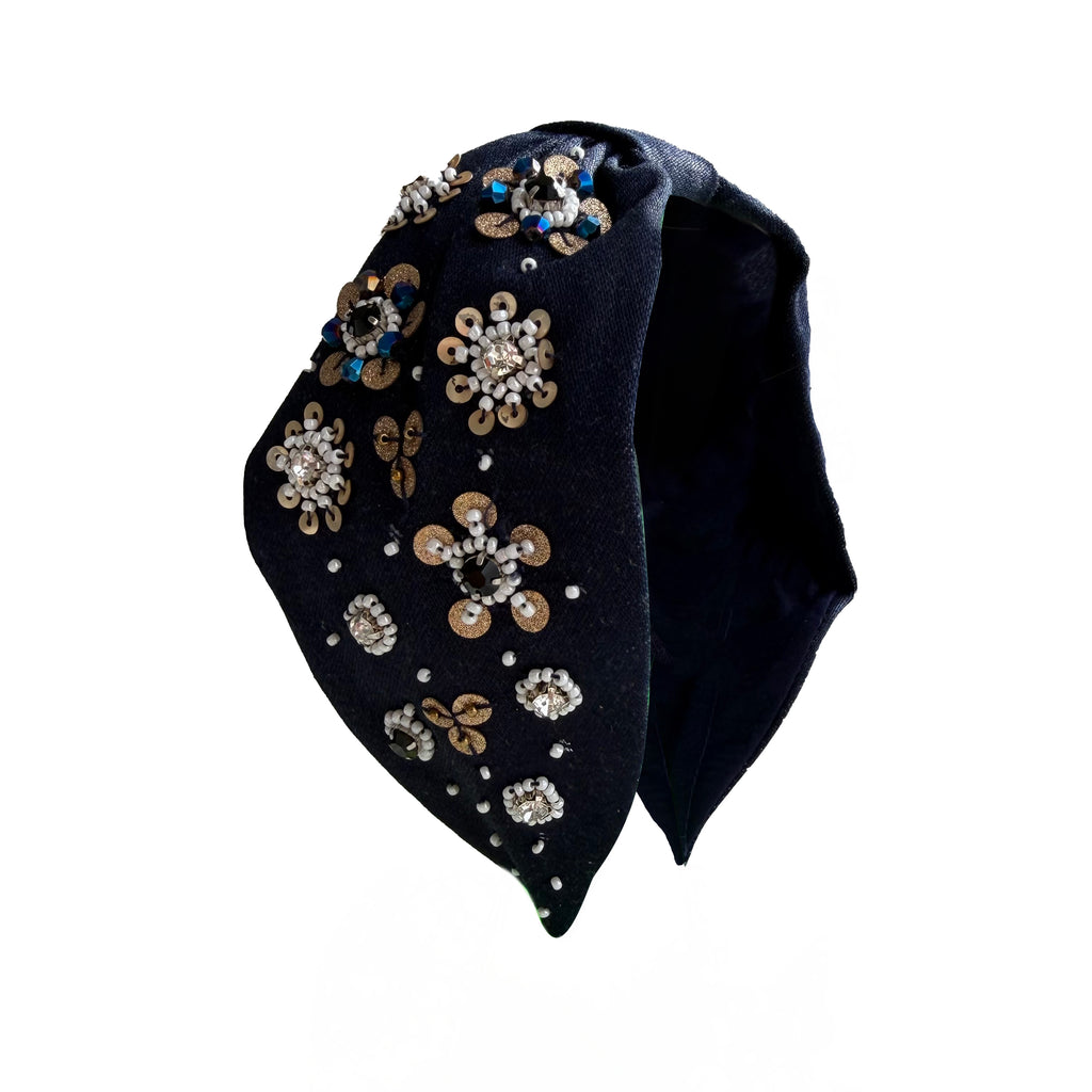 Handcrafted Navy Blue Floral Beaded Embroidered Headband