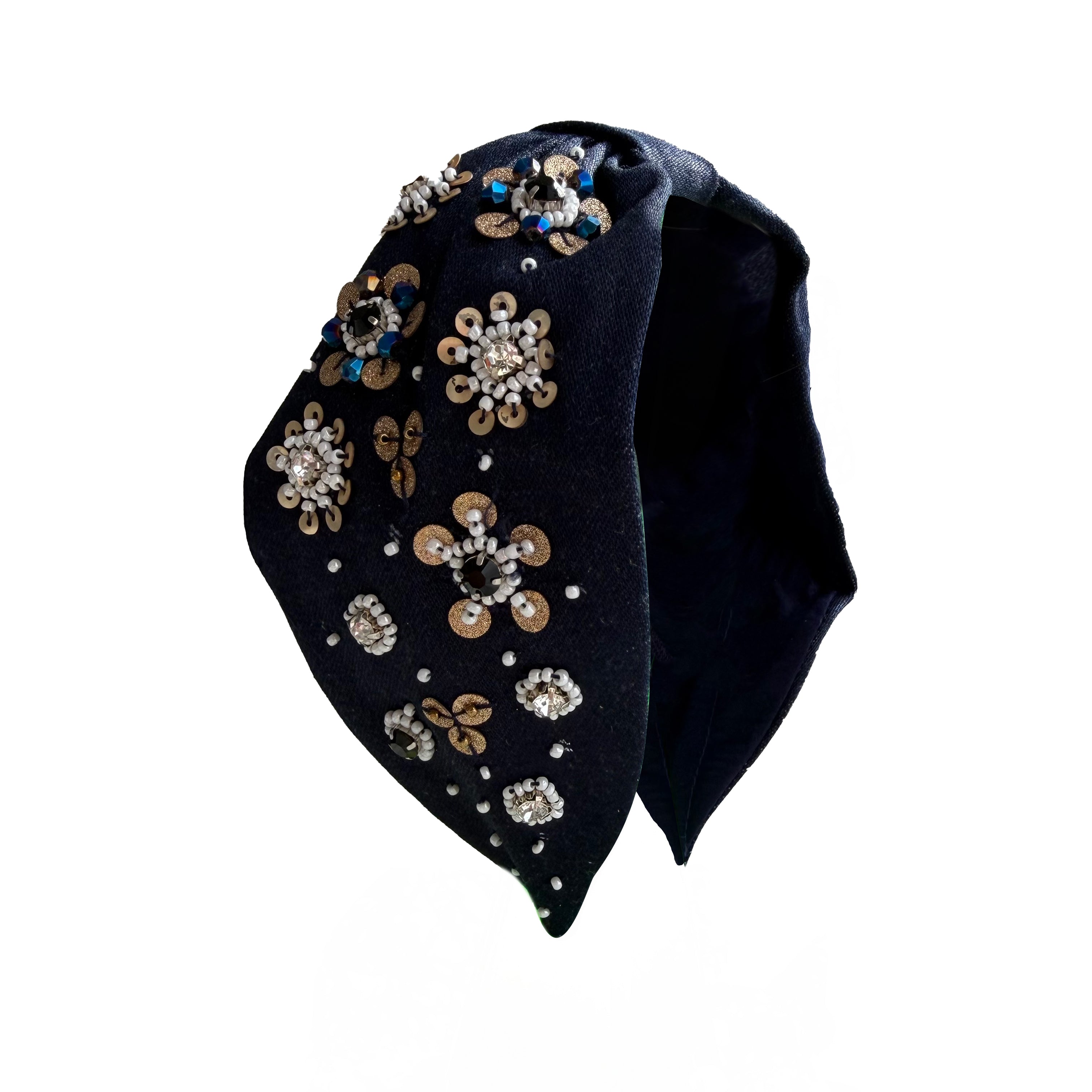 Handcrafted Navy Blue Floral Beaded Embroidered Headband