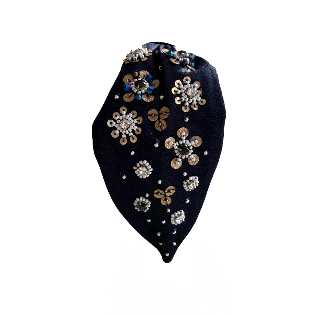 Handcrafted Navy Blue Floral Beaded Embroidered Headband