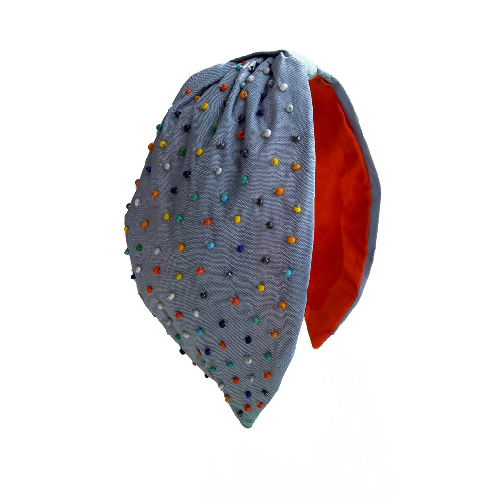 Handcrafted Light Blue Beaded Polka Dot Headband
