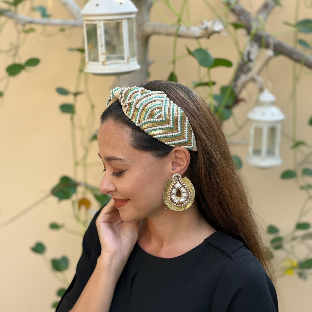 Handcrafted Beige Pearl Beaded Embroidered Headband – View 3 | The Marigold Story