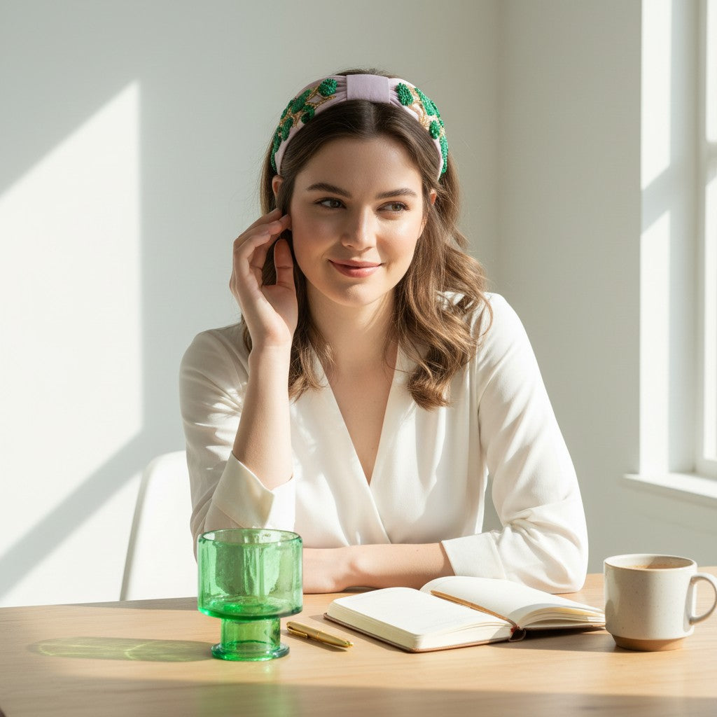 Handcrafted Pink Floral Green Beaded Embroidered Headband