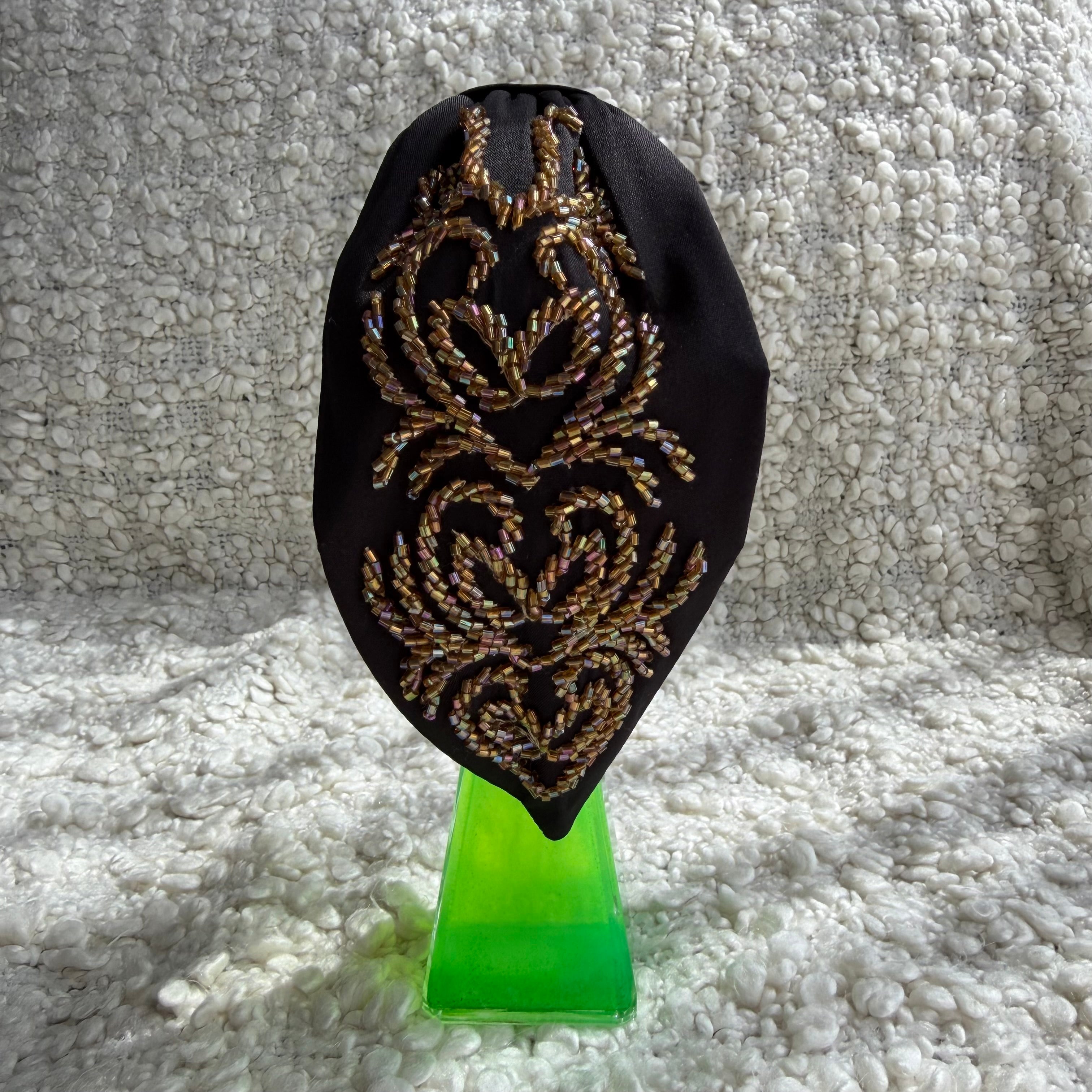 Handcrafted Black Gold Beaded Embroidered Headband | The Marigold Story
