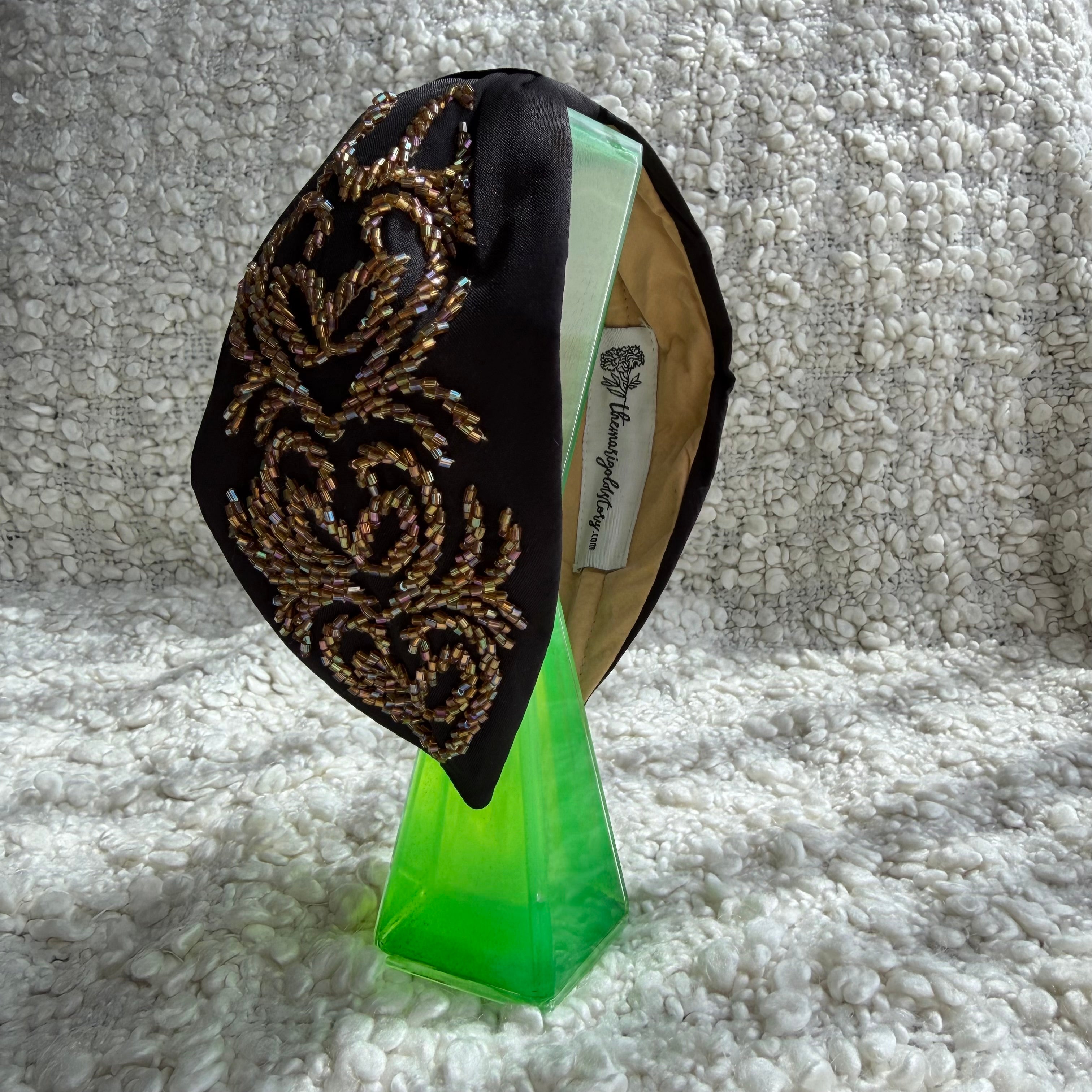 Handcrafted Black Gold Beaded Embroidered Headband – View 2 | The Marigold Story