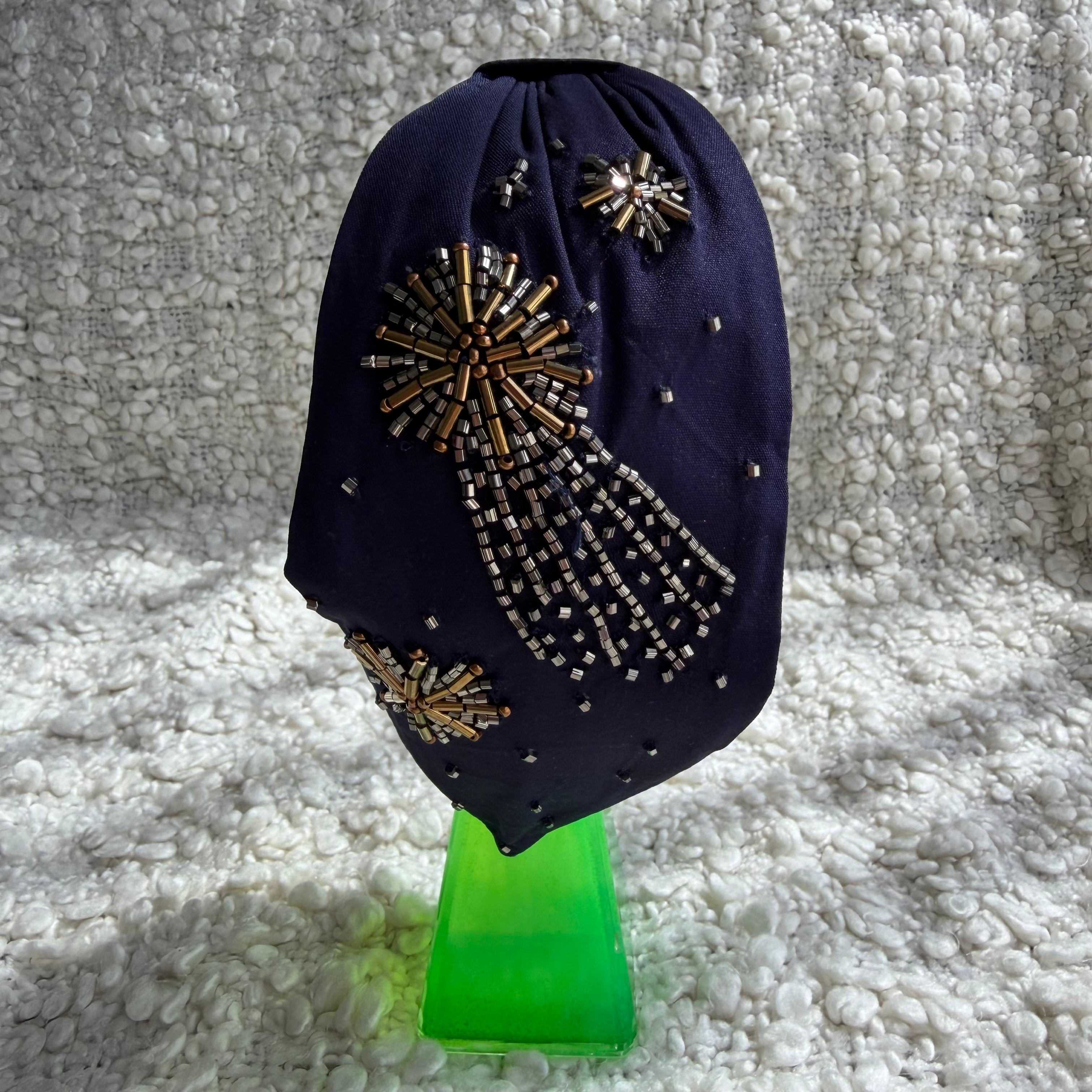 Handcrafted Navy Blue Starburst Beaded Embroidered Headband | The Marigold Story
