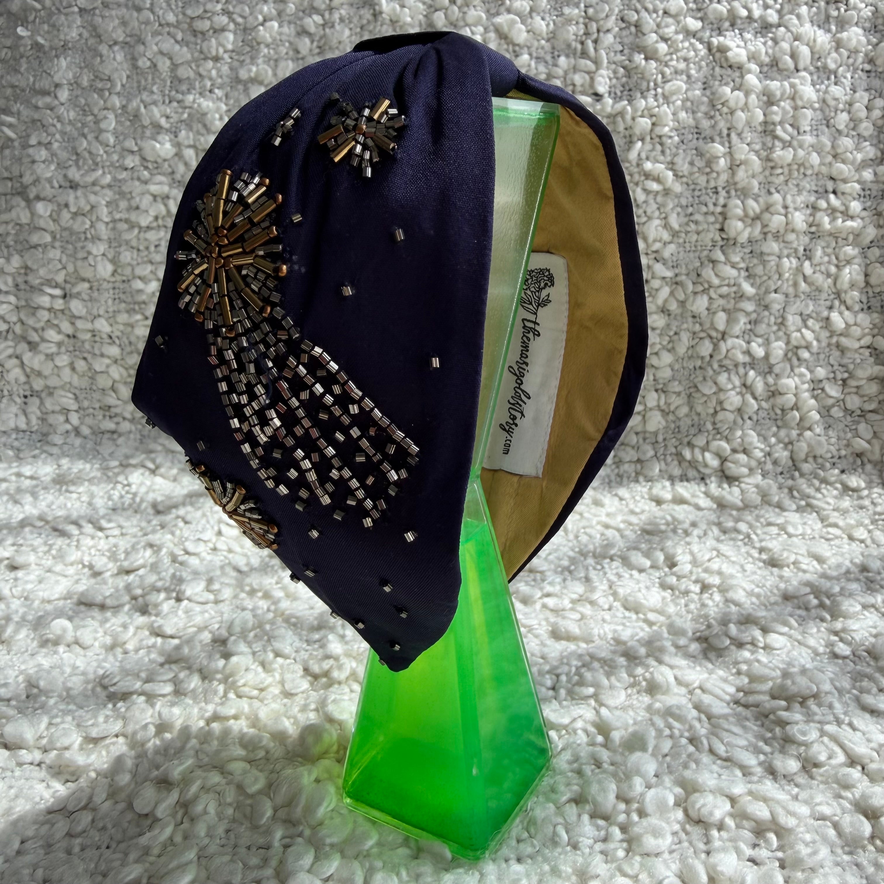 Handcrafted Navy Blue Starburst Beaded Embroidered Headband – View 2 | The Marigold Story