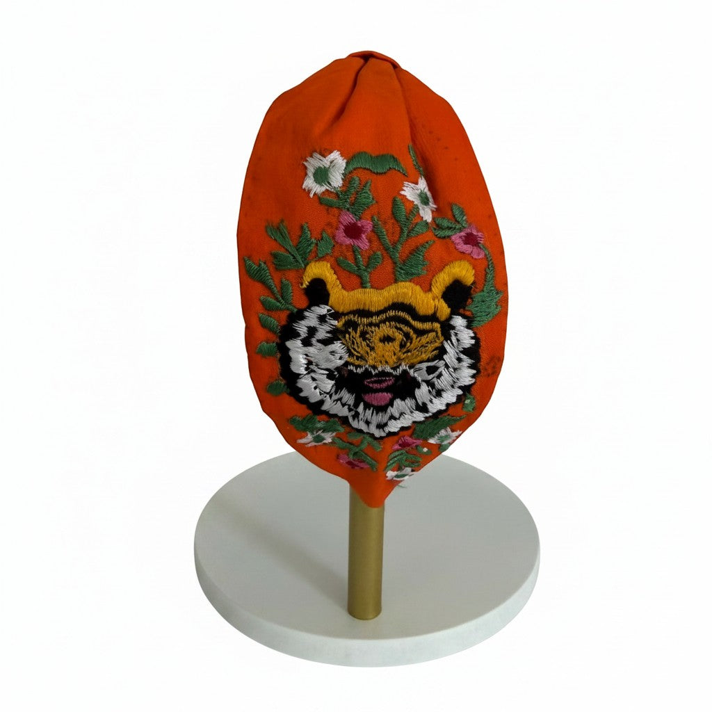 Handcrafted Orange Tiger & Floral Embroidered Headband | The Marigold Story