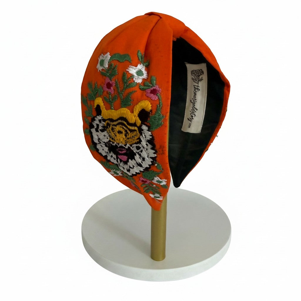 Handcrafted Orange Tiger & Floral Embroidered Headband – View 2 | The Marigold Story