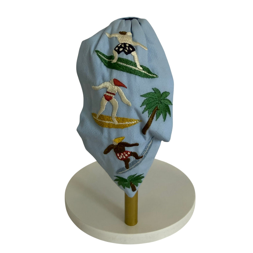 Handcrafted Sky Blue Surfers & Palm Tree Embroidered Headband | The Marigold Story