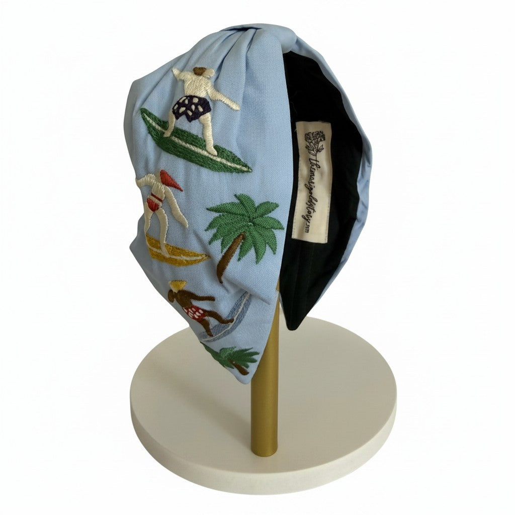 Handcrafted Sky Blue Surfers & Palm Tree Embroidered Headband – View 2 | The Marigold Story
