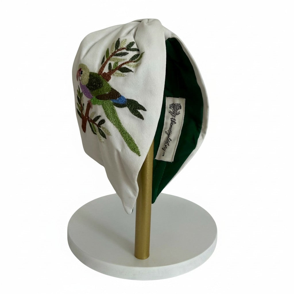 Handcrafted Cream Parrot Embroidered Headband – View 2 | The Marigold Story