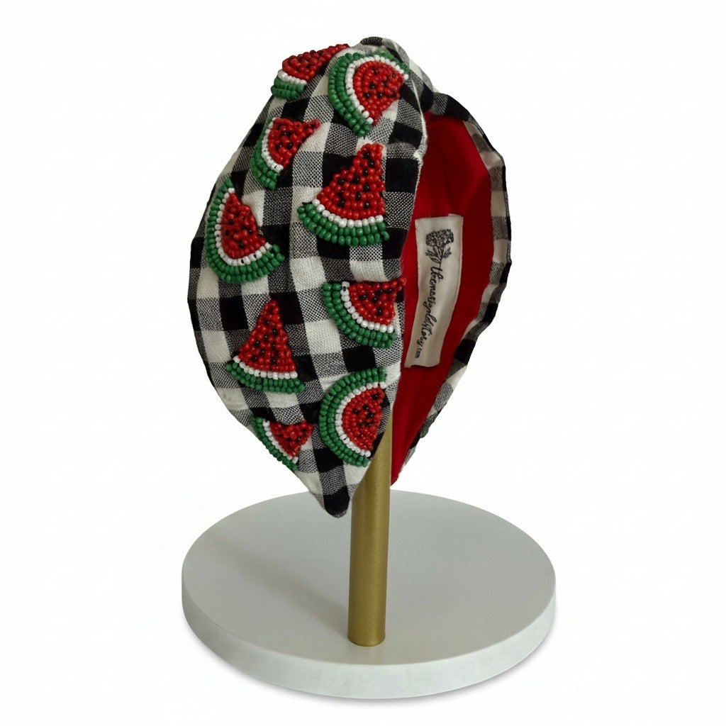 Handcrafted Black & White Gingham Watermelon Beaded Headband – View 2 | The Marigold Story