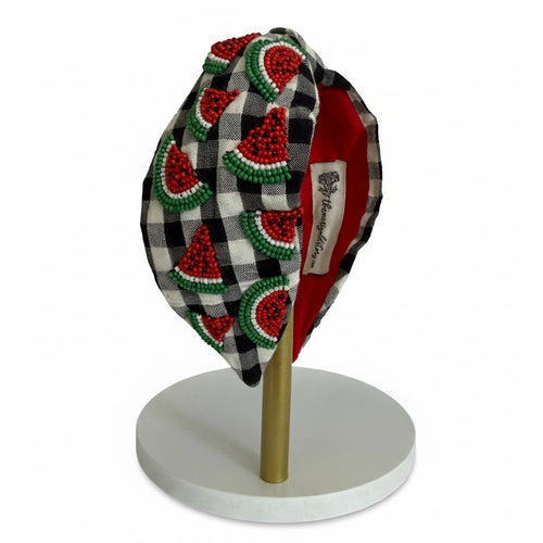 Handcrafted Black & White Gingham Watermelon Beaded Headband – View 2 | The Marigold Story