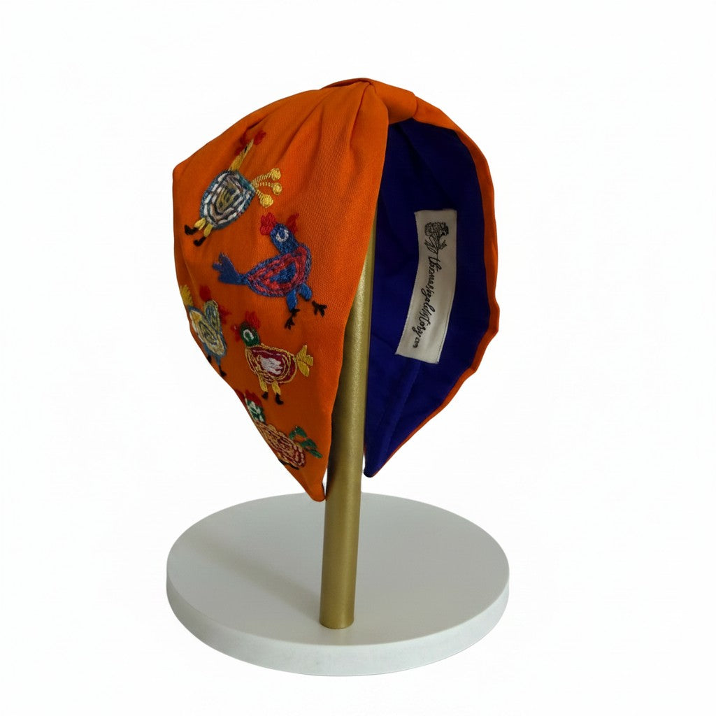 Handcrafted Orange Folk Rooster Embroidered Headband – View 2 | The Marigold Story
