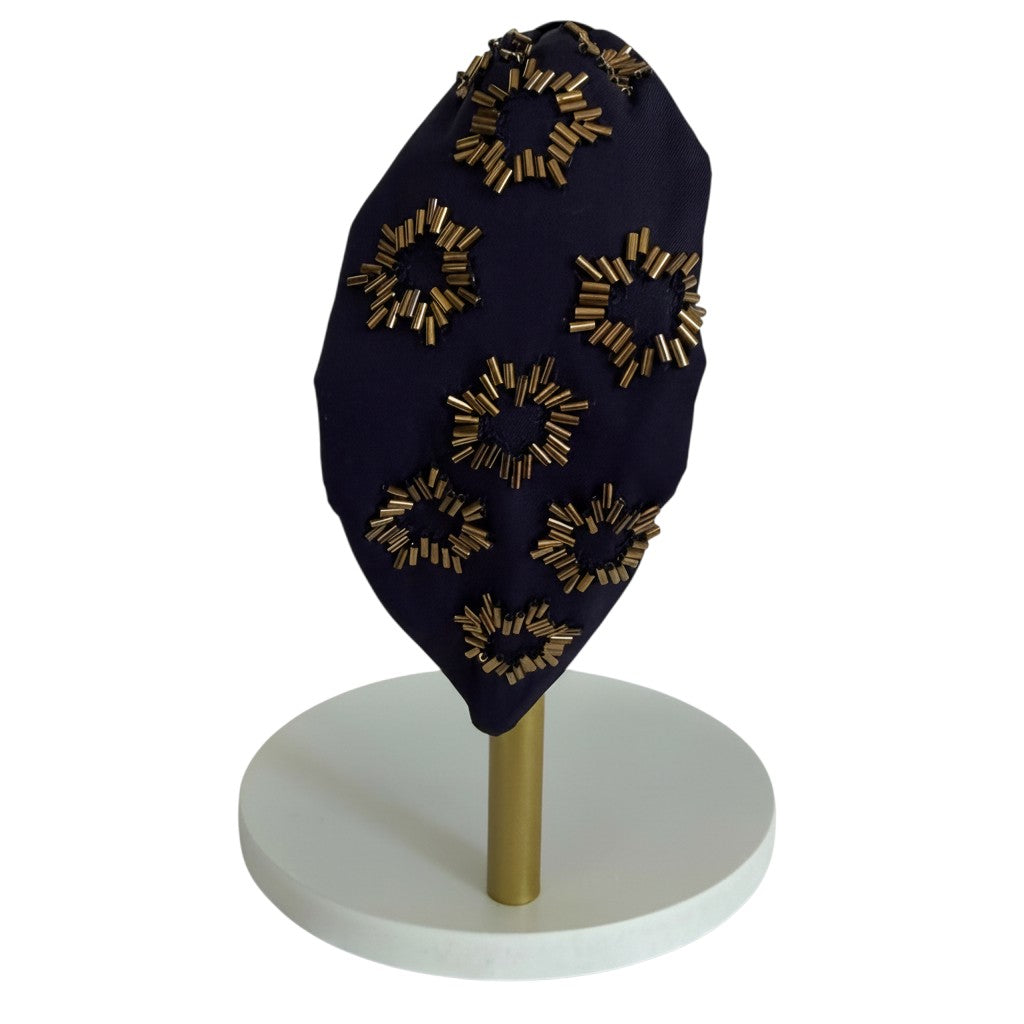 Handcrafted Navy & Gold Bugle Bead Embellished Headband | The Marigold Story