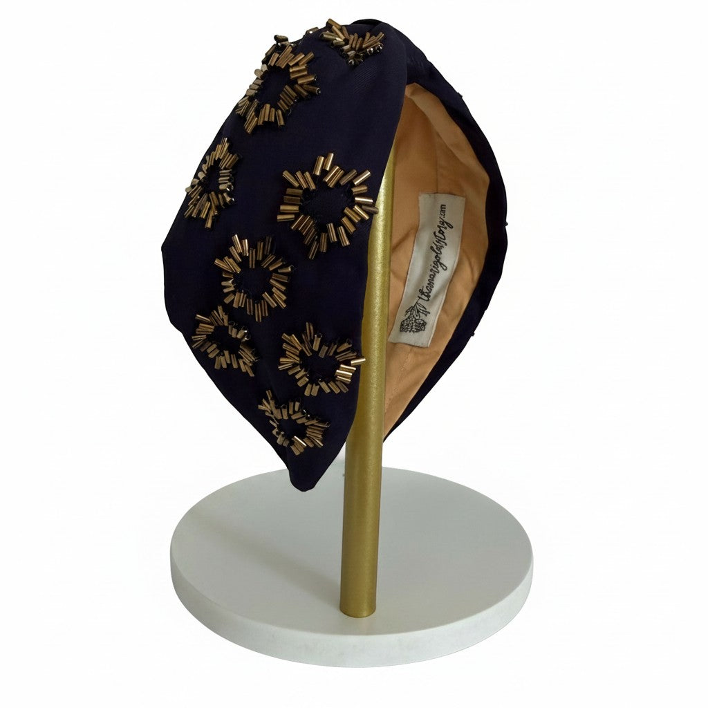 Handcrafted Navy & Gold Bugle Bead Embellished Headband – View 2 | The Marigold Story