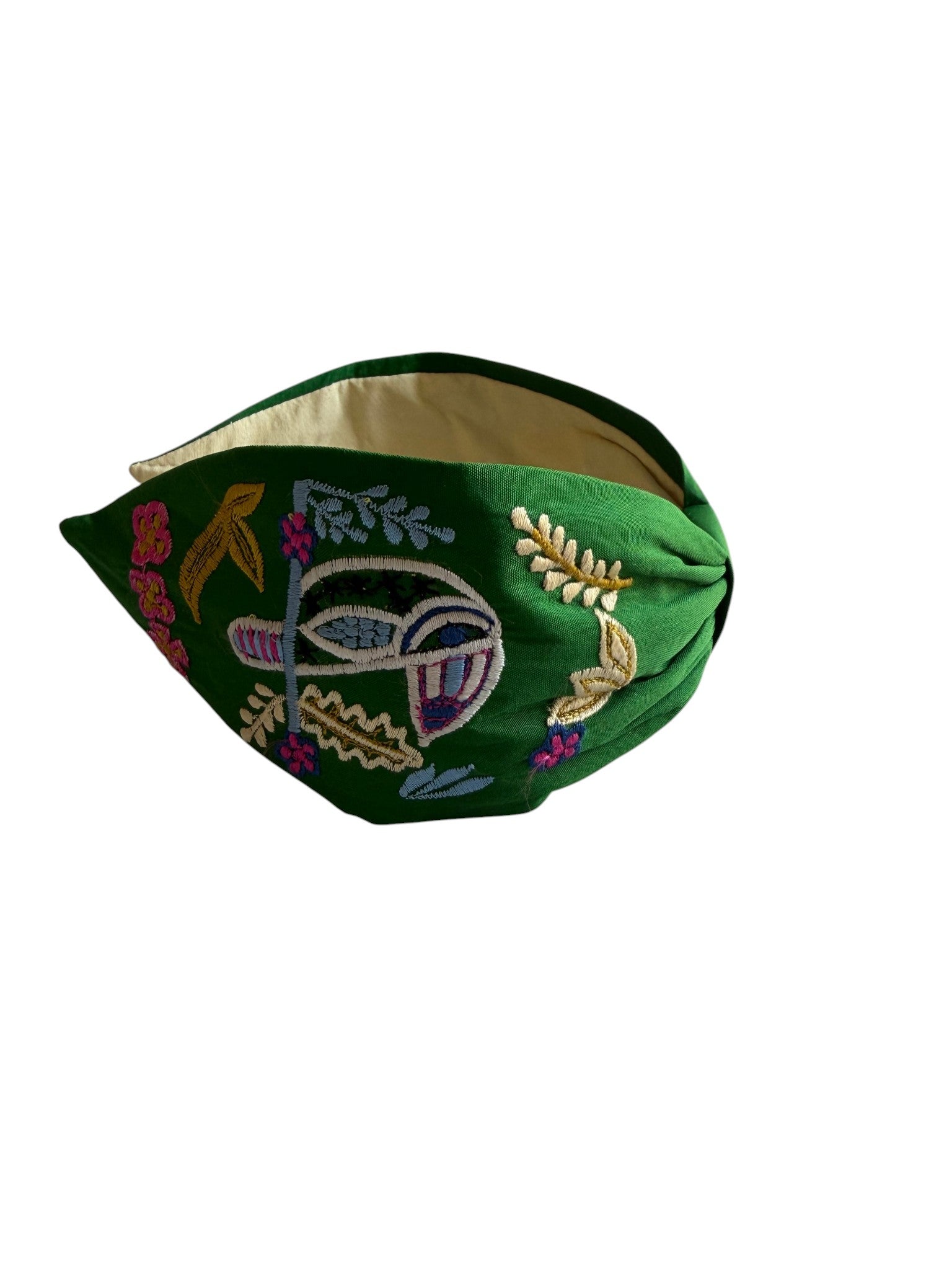 Handcrafted Emerald Green Surrealist Face Embroidered Headband
