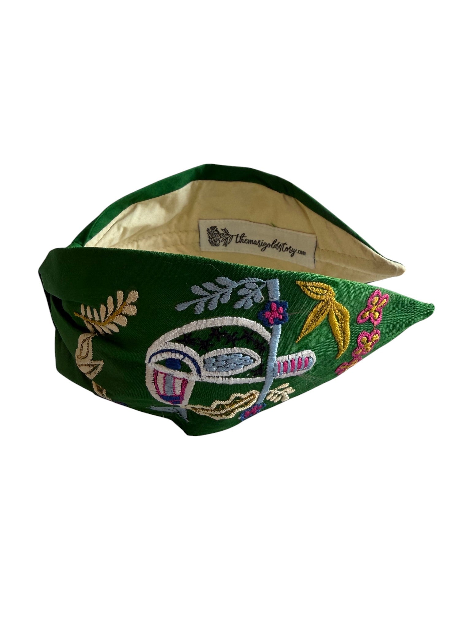 Handcrafted Emerald Green Surrealist Face Embroidered Headband