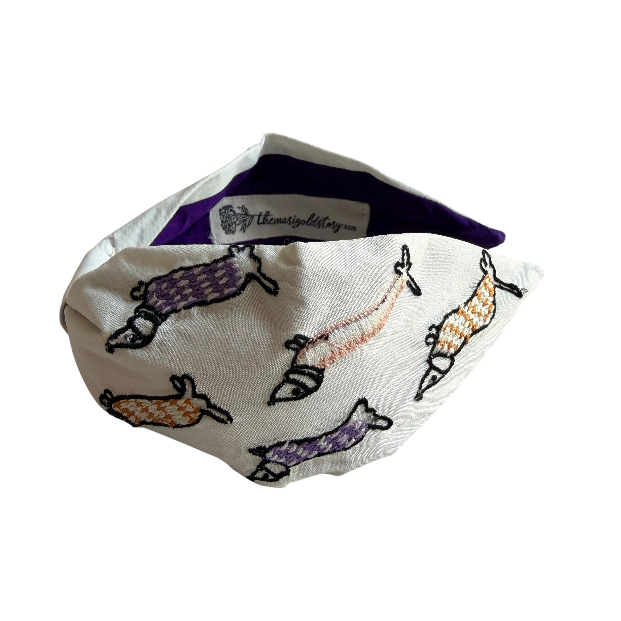 Handcrafted White Dachshund Embroidered Headband