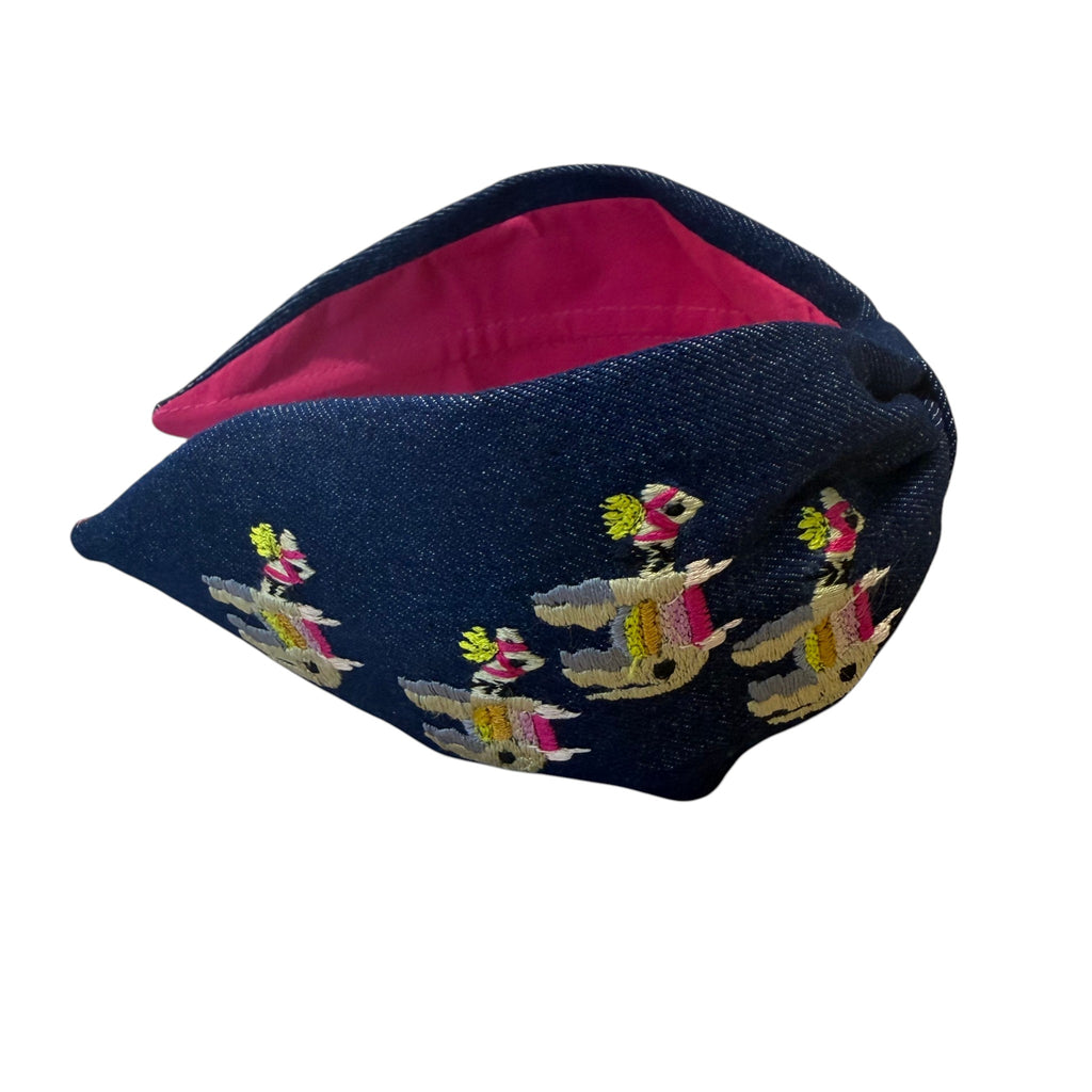 Handcrafted Navy Denim Camel Embroidered Headband