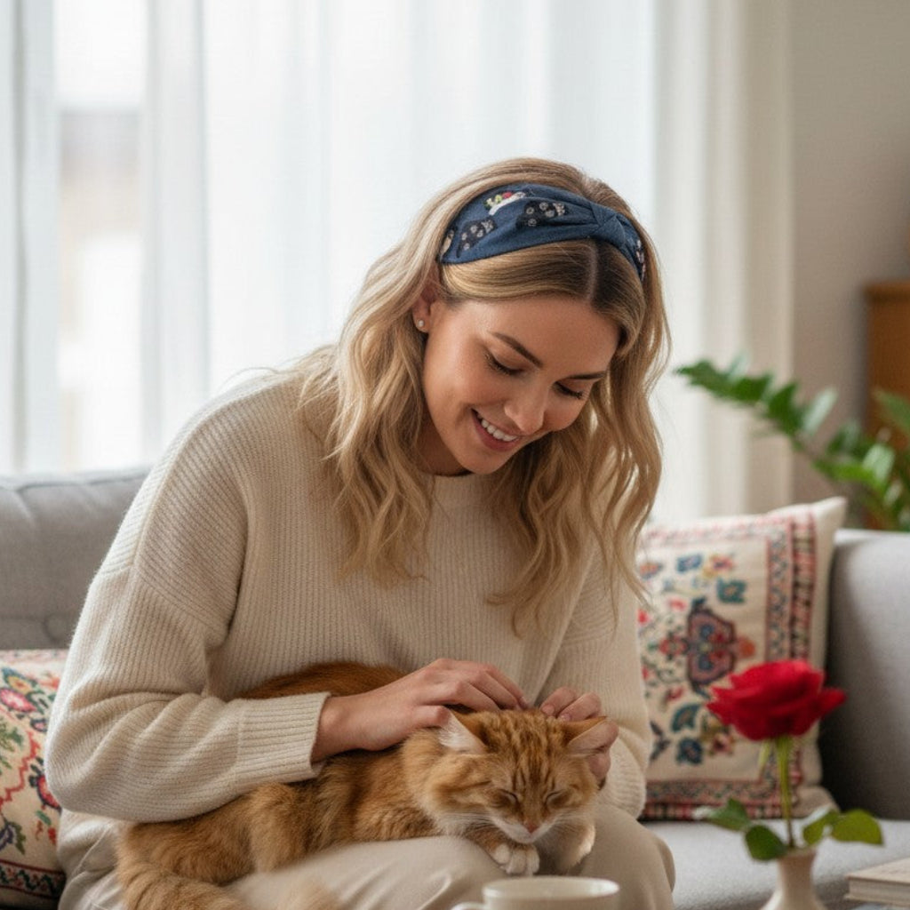 Handcrafted Navy Blue Cat Embroidered Headband