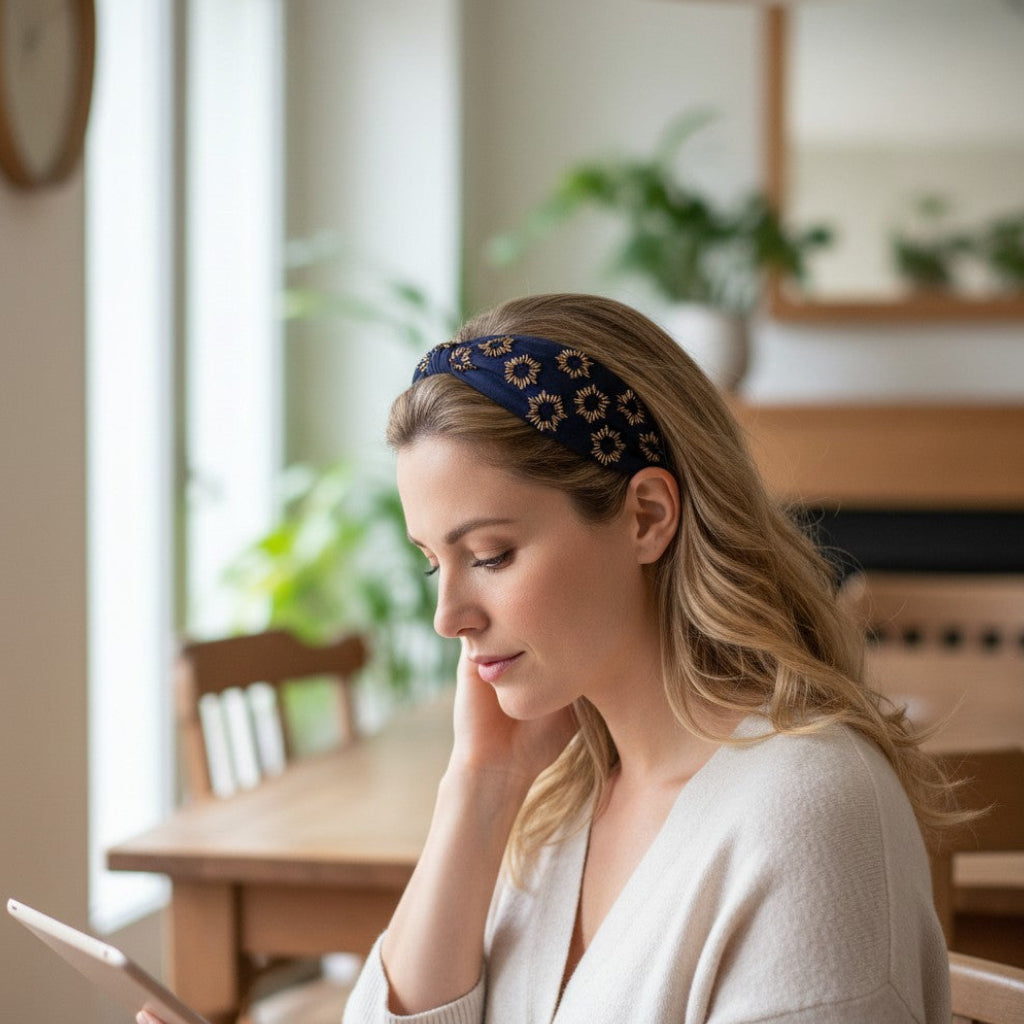 Handcrafted Navy & Gold Bugle Bead Embellished Headband