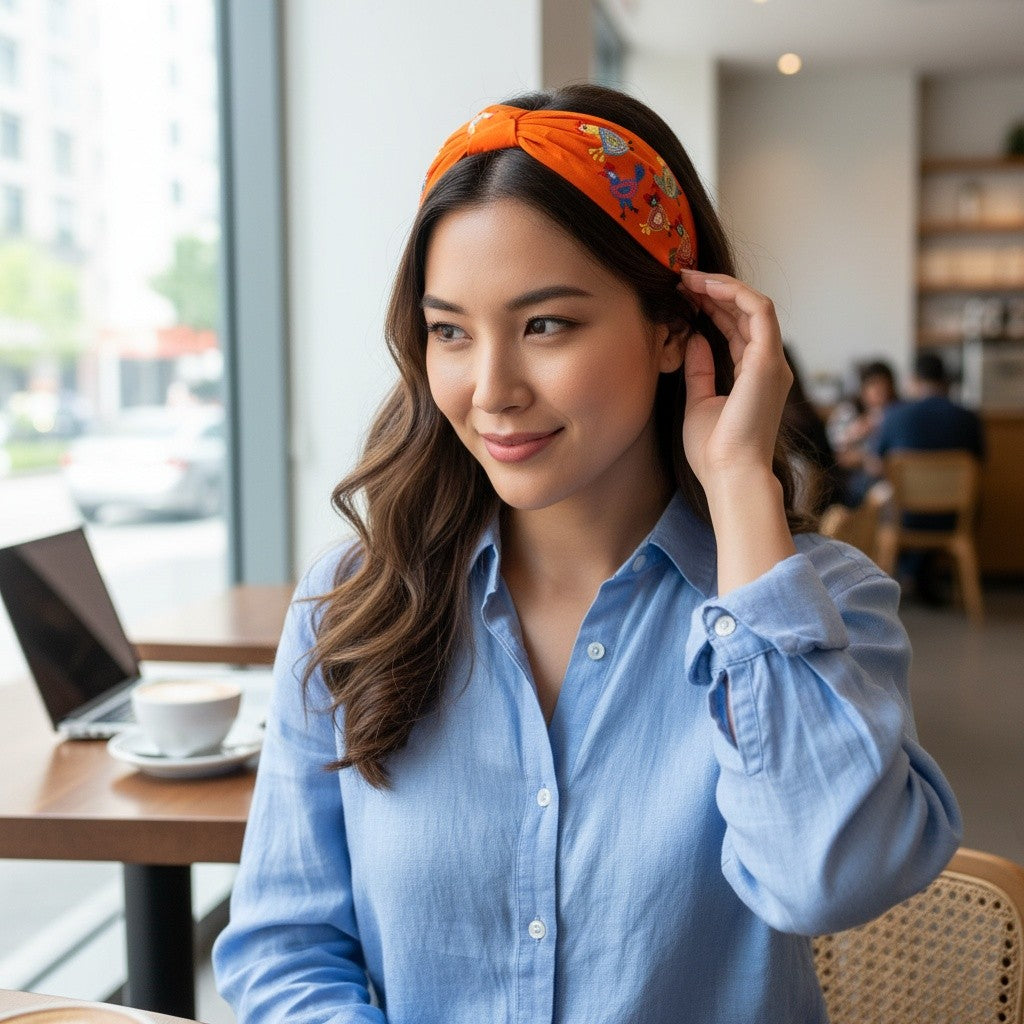 Handcrafted Orange Folk Rooster Embroidered Headband