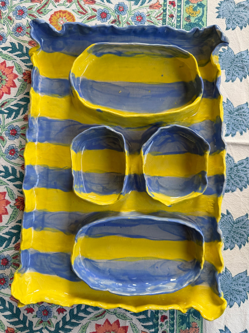 Handmade Ceramic Cheese & Mezze Platter | Yellow & Blue Striped | Sectioned Serving Tray