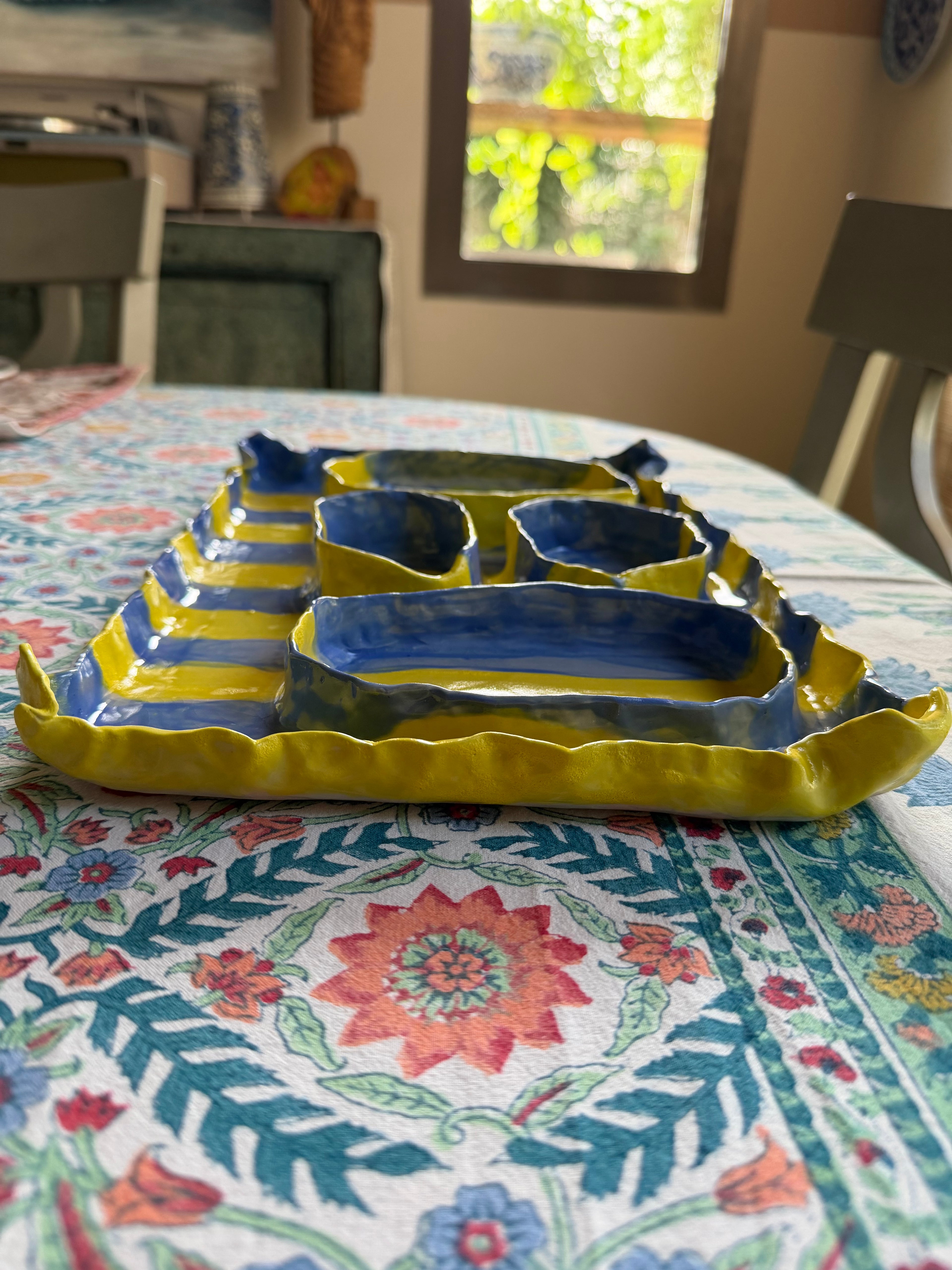 Handmade Ceramic Cheese & Mezze Platter | Yellow & Blue Striped | Sectioned Serving Tray