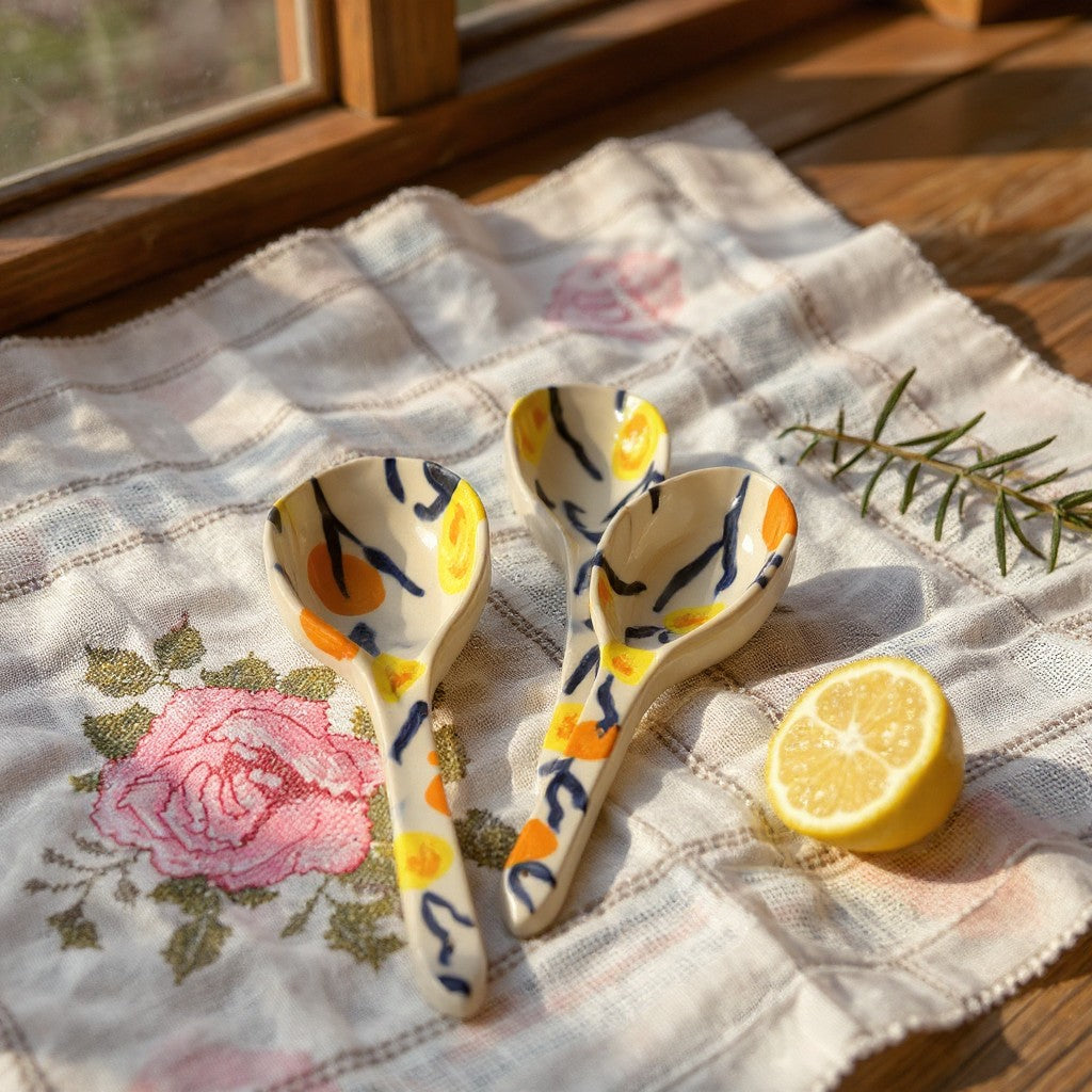 Handmade Ceramic Serving Spoons | Set of 2 | Hand-Painted Abstract