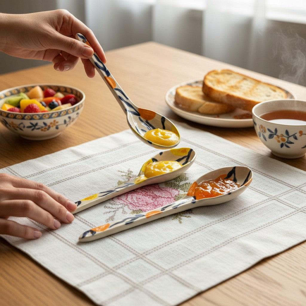 Handmade Ceramic Serving Spoons | Set of 2 | Hand-Painted Abstract